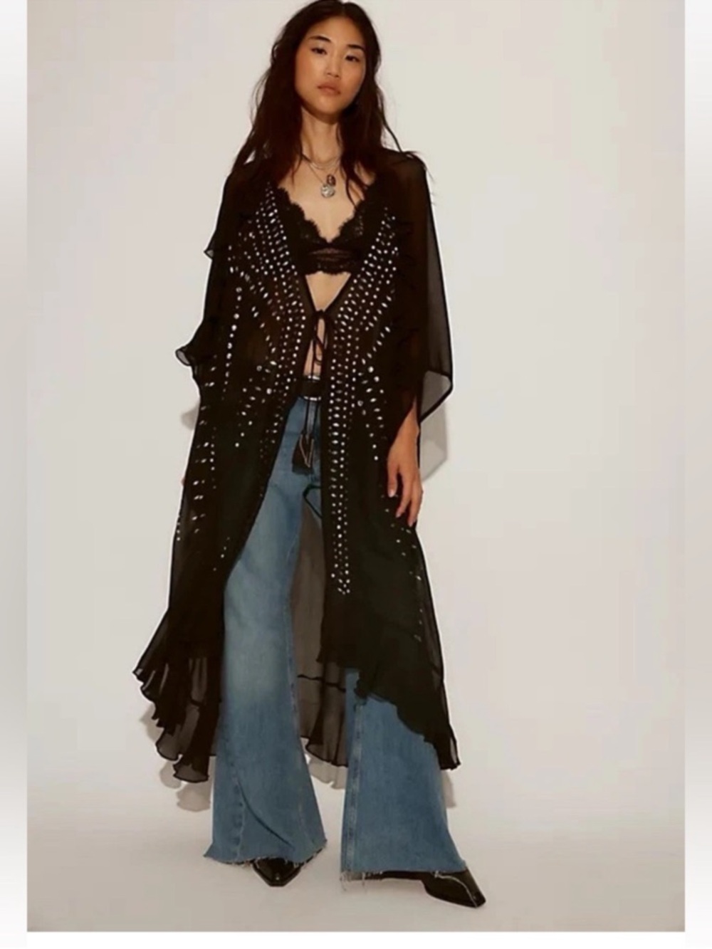 Free People BILLIE Black Sheer Studded Tie-Front Coverup duster